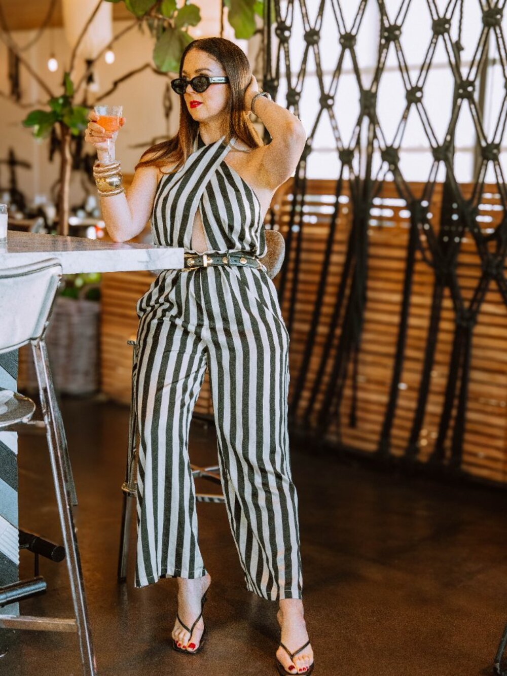Halter Striped Belted Jumpsuit